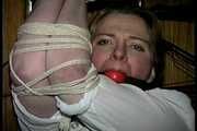 30 Yr OLD BBW SINGLE MOM IS TAPE GAGGED, BAREFOOT, BALL-GAGGED, TIT TIED, NIPPLE PINCHED AND TIED TO A COAT RACK (D73-17)