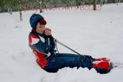 Jill tied, gagged and hooded outdoor in the snow wearing sexy oldschool downwear (Pics)
