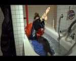 SEXY SANDRA wearing an special orange down jacket and a black down pants during taking a bath playing with water and the downwear (Video)