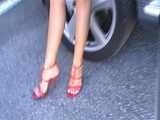 pedal pumping Porsche and walking in 5 inch heels sandals