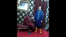 Lady Nadja and Miss Scarlett in  AGU rainwear trying bondage and a new harness gag (Video)