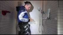 Watching Mara during her shower session with shaving foam and water wearing a sexy shiny nylon rain pants and a down jacket (Viedo)