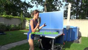 Get a new video with Sandra enjoying the Summer in the Garden with Table-Tennis and a Pool in her shiny nylon Shorts