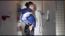 Watching Mara during her shower session with shaving foam and water wearing a sexy shiny nylon rain pants and a down jacket (Viedo)