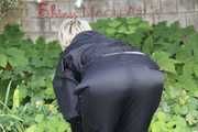 Watching Sonja taking a sun bath and weeding the pest plants wearing a sexy black shiny nylon rainsuit (Pics)