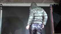 Watching Pia changing clothes and wear a supersexy shiny nylon down pants and a down jacket enjoying the material (Video)