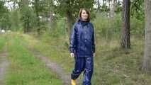 Miss Petra goes for a walk in Farmerrain jacket,  rain dungarees and rubber boots (looped version)