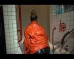 SEXY SANDRA wearing an special orange down jacket and a black down pants during taking a bath playing with water and the downwear (Video)