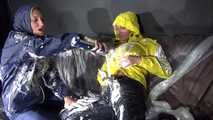 Watching sexy Stella and Sandra having fun with shaving cream and eachother both wearing shiny nylon rainwear (Video)