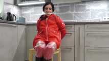 +++new+++ Miss Amira in red nylon rain gear and tranparent rain suit get´s bouind and gagged
