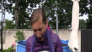 Watch Sandra bound and gagged in her shiny nylon Downjacket nylon hooded.