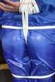 Watching sexy Pia being tied and gagged overhead with ropes and a ballgag wearing a supersexy blue shiny nylon bib overall and a rain jacket (Pics)