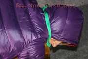 Watching sexy Sonja being tied and gagged with ropes and a cloth gag on a stool wearing a sexy shiny nylon rain pant and a purple down jacket (Pics)