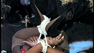 21 Yr OLD BLACK COLLEGE STUDENT OTM, HOG TIED ON BED WHILE  WEARING BLACK LINGERIE, GARTER BELT & HIGH HEELS (D71-3)