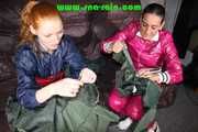 Ronja and Stella destroying shiny nylon rainwear both wearing that stuff (Pics)