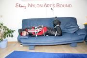 Jill tied and gagged wearing shiny nylon oldschool downwear (Pics)
