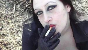 Leather Lady Smoking Toples – Outdoor Blowjob and Handjob