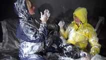 Watching sexy Stella and Sandra having fun with shaving cream and eachother both wearing shiny nylon rainwear (Video)