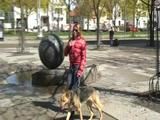 Katharina take a walk with her dog wearing a sexy red shiny down jacket (Video)