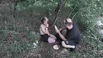 Blonde submissive slave girl  outdoor training - disgusting public feeding experience