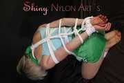 SEYX SONJA being tied and gagged with ropes and a clothgag wearing a sexy green shiny nylon shorts and a blue shirt (Pics)