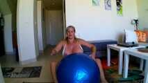  blue bouncy ball ridden off in a bikini