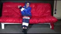 ***NEW MODELL*** Destiny tied and gagged with tape and cloth gagges wearing a blue shiny nylon pants and a blue down jacket (Video)