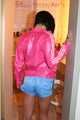 Watching a sexy archive girl wearing a hot lightblue shiny nylon shorts and a pink shiny nylon rainjacket doing her household (Pics)