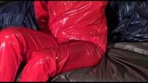 Mara tied and gagged on a princess bed in an old cellar wearing a sexy red sauna suit (Video)