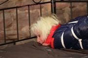 Pia tied, gagged and hooded in a princess bed wearing a sexy darkblue/red oldschool downwear (Video)