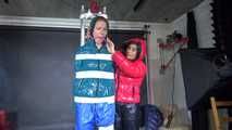 See Ronja tied, gagged and suspended by Stella, both wearing shiny nylon Downwear