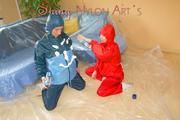 Stella and Leonie playing with shaving foam wearing sexy shiny nylon rainwear (Pics)