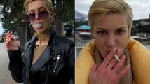 Short cut hair blonde girl is smoking two cork cigarettes