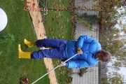 Watching SEXY ***PIA*** wearing a hot blue shiny nylon rain pants, a shiny nylon downjacket and yellow rubber boots during her gardening (Pics)