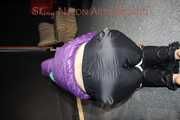 Watching sexy Sonja being tied and gagged with ropes and a cloth gag on a stool wearing a sexy shiny nylon rain pant and a purple down jacket (Pics)