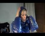 Pia wearing a shiny nylon rain pants and a bra dressing herself with a blue PAMY down jacket and lolling on bed (Video)