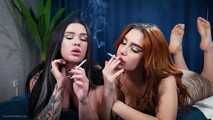 Lera and Irina are smoking and kissing barefoot - Part 3