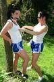 Jill tied and gagged by her friend in shiny nylon shorts