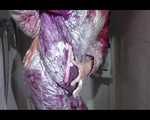 Sonja foaming her shiny nylon down suit with shaving cream in the shower (Video)