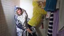 Watching sexy Stella and Sandra having fun with shaving cream and eachother both wearing shiny nylon rainwear (Video)