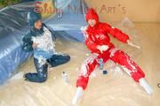 Stella and Leonie playing with shaving foam wearing sexy shiny nylon rainwear (Pics)