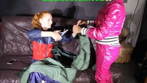 Ronja and Stella destroying shiny nylon rainwear both wearing that stuff (Pics)