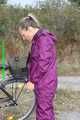 Watch Sandra riding her bike enjoying her shiny nylon Rainwear