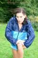 Enni wearing sexy blue shiny nylon shorts and rainjacket during her warm-up (Pics)