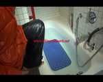 SEXY SANDRA wearing an special orange down jacket and a black down pants during taking a bath playing with water and the downwear (Video)