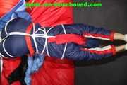 Sexy Sonja wearing a sexy oldschool shiny nylon downbib and donjacket being tied and gagged with ropes overhead (Pics)