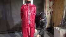 Lady M tied and gagged in shiny nylon Rainwear