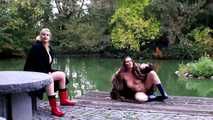 Fur coat and rubber boots - naked in the park