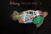 SEYX SONJA being tied and gagged with ropes and a clothgag wearing a sexy green shiny nylon shorts and a blue shirt (Pics)