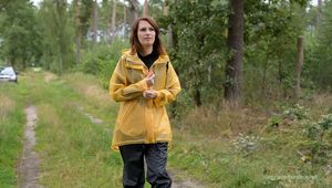 Miss Petra takes a walk in Hunter rain jacket, rain pants and rubber boots (very exclusive set with expensive rain gear)